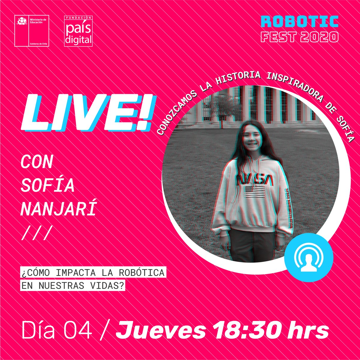 fpaisdigital's tweet image. #RoboticFest2020🤖
¡No te pierdas a las 18:30hrs la conversación entre Sofía Nanjari, Seleccionada Nacional de Robótica, ganadora del #PremioInspiratec2018 y Antonia Robles, periodista de @fpaisdigital, para conocer el impacto de la tecnología en su vida 👉🏽bit.ly/2UIJyHm