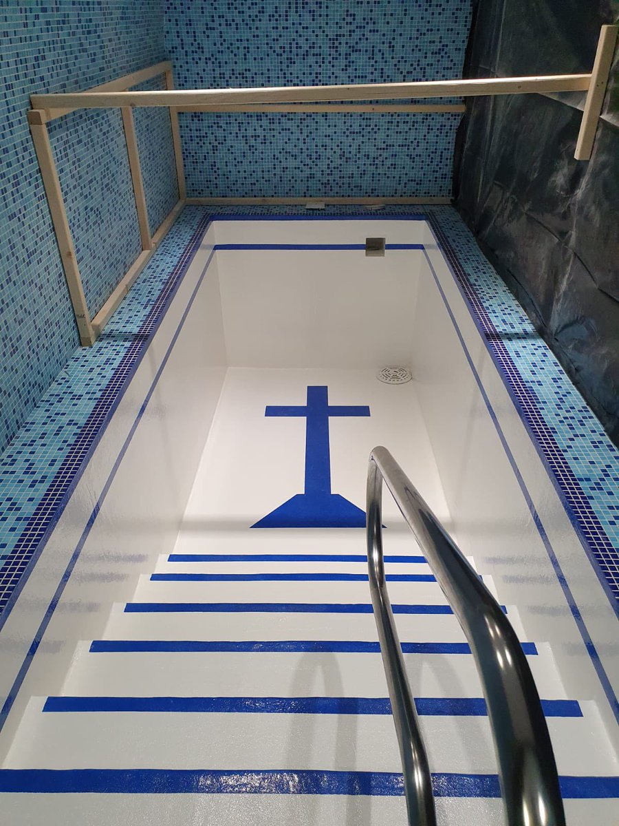 PolyAdvisory's tweet photo. Slightly different project here, this baptismal pool has been leaking for years, PASLAM epoxy lining membrane installed with coloured detail to suit the clients requirements, anti-slip finish on the steps and floor. https://t.co/q0dcHEP8Q8