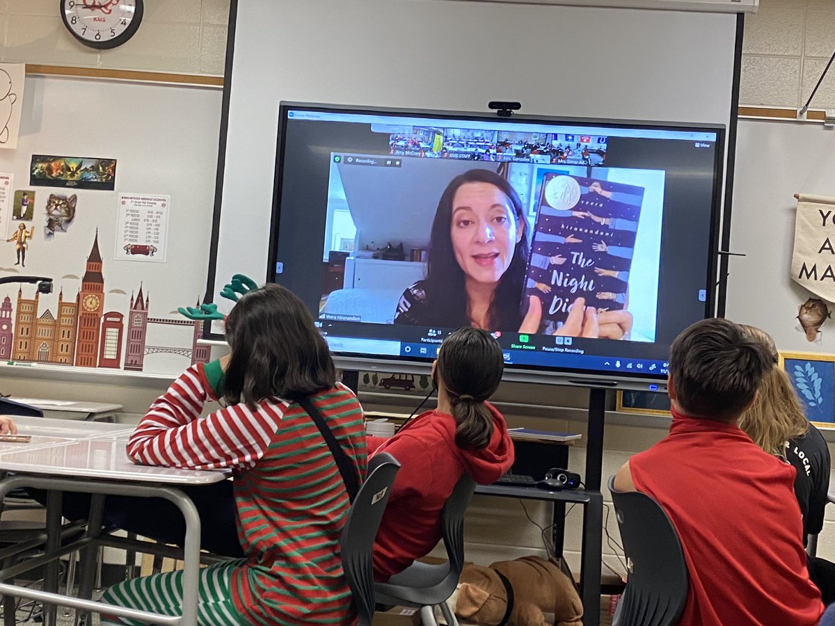 amy_mccrary's tweet photo. Our 7th graders had an incredible opportunity to visit with the author of The Night Diary (our class novel)!  @veerahira, thanks for taking the time to connect with your young readers!  Thanks also to @MrsSullivan9, our ALT who made it happen! @MrsGonz504  #KMSCougarPride https://t.co/JGf4f2dna5