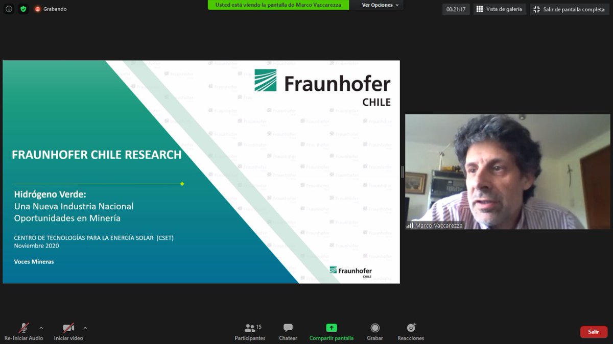 📌 Marco Vaccarezza, Líder de Desarrollo de Negocios de nuestro Centro de Energía Solar a esta hora participa en el Conversatorio Voces Mineras, en el cual hoy se aborda el tema Hidrógeno Verde y sus proyecciones en la Minería 🌞⚡⚒️