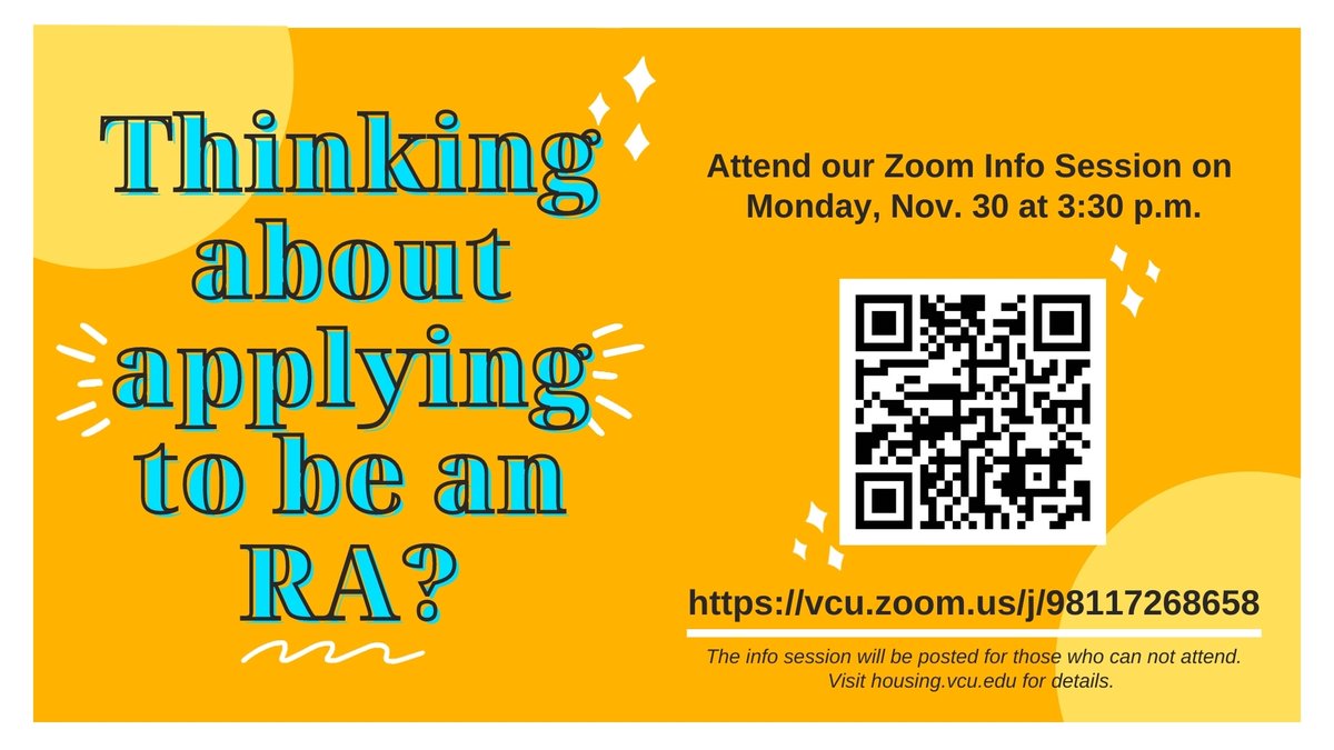 VCU_Housing's tweet photo. Want to be an RA? Come to the Zoom RA Info Session on Nov. 30 at 3:30 p.m. Visit https://t.co/rDVIUerasJ to attend. @VCUdsa @VCUCareers @VCUCommons @RealVcu @VCU @WorkingatVCU #VCU #VCURamily #RA #VCURA #BeAnRA https://t.co/Q1CPikI0y5