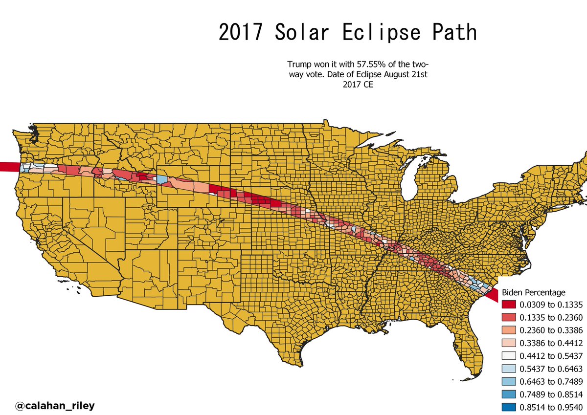 Finally here is the most recent Solar Eclipse that was viewable in America the 2017 Eclipse. Trump won this path by a strong showing of 57.55% in the two-way vote.