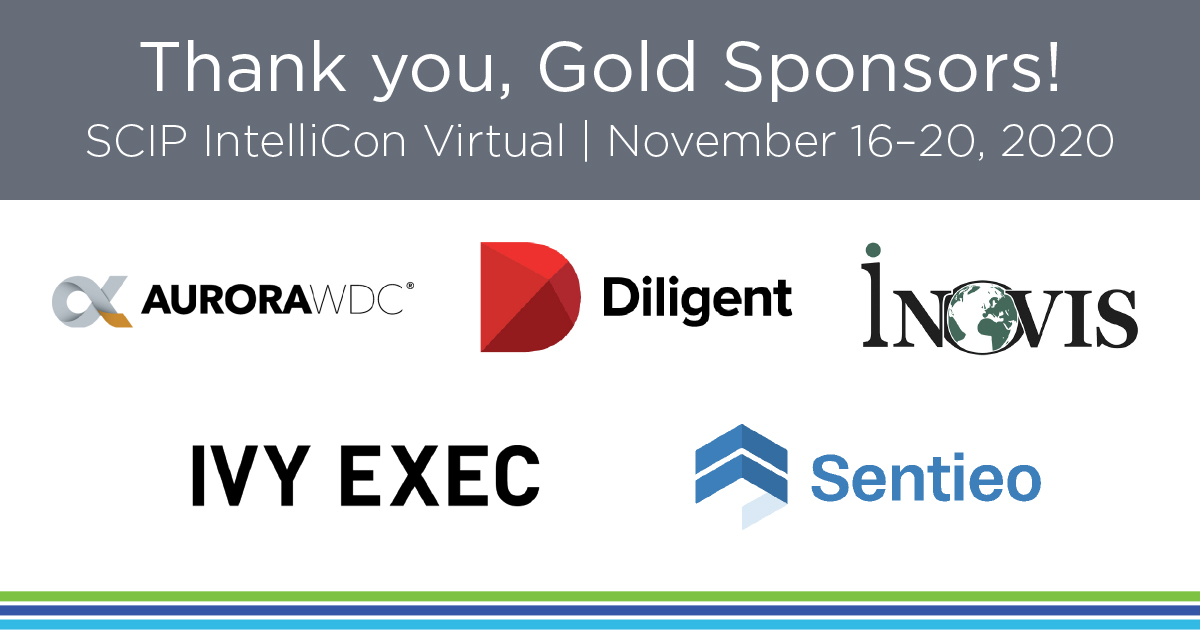 SCIP's tweet image. Thank you to this year's #IntelliCon2020 Gold Sponsors:  @AuroraWDC, @diligentHQ, Inovis, @IvyExec, and @Sentieo!scip.org/page/intellico…