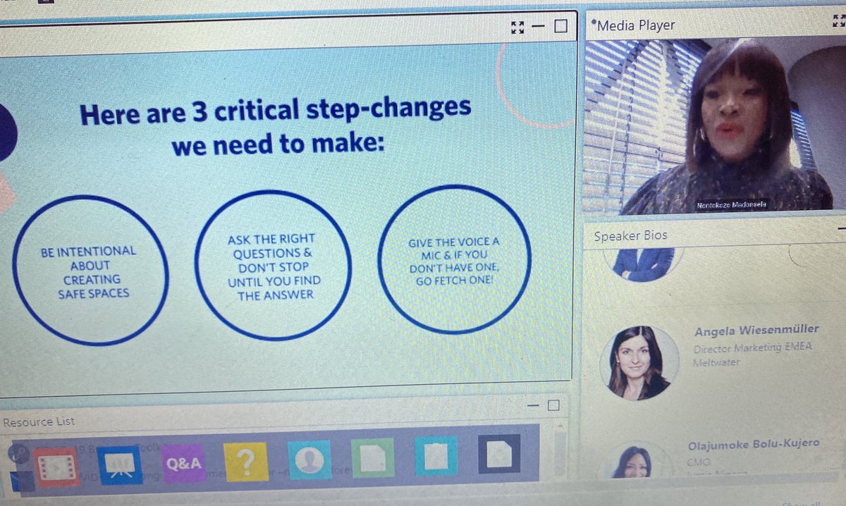 ormainy's tweet photo. 3 Critical Step-Changes we need to make by Group CMO @MomMetZA Nontokozo Madonsela speaking on - โThe New Workplace; Why Diversity & Inclusion is Good for Your Brand.โ Sheโs such a powerful speaker, loved it! Brilliant presentation. #MWDigitalSummit @Meltwater https://t.co/r9GfwLYEFf