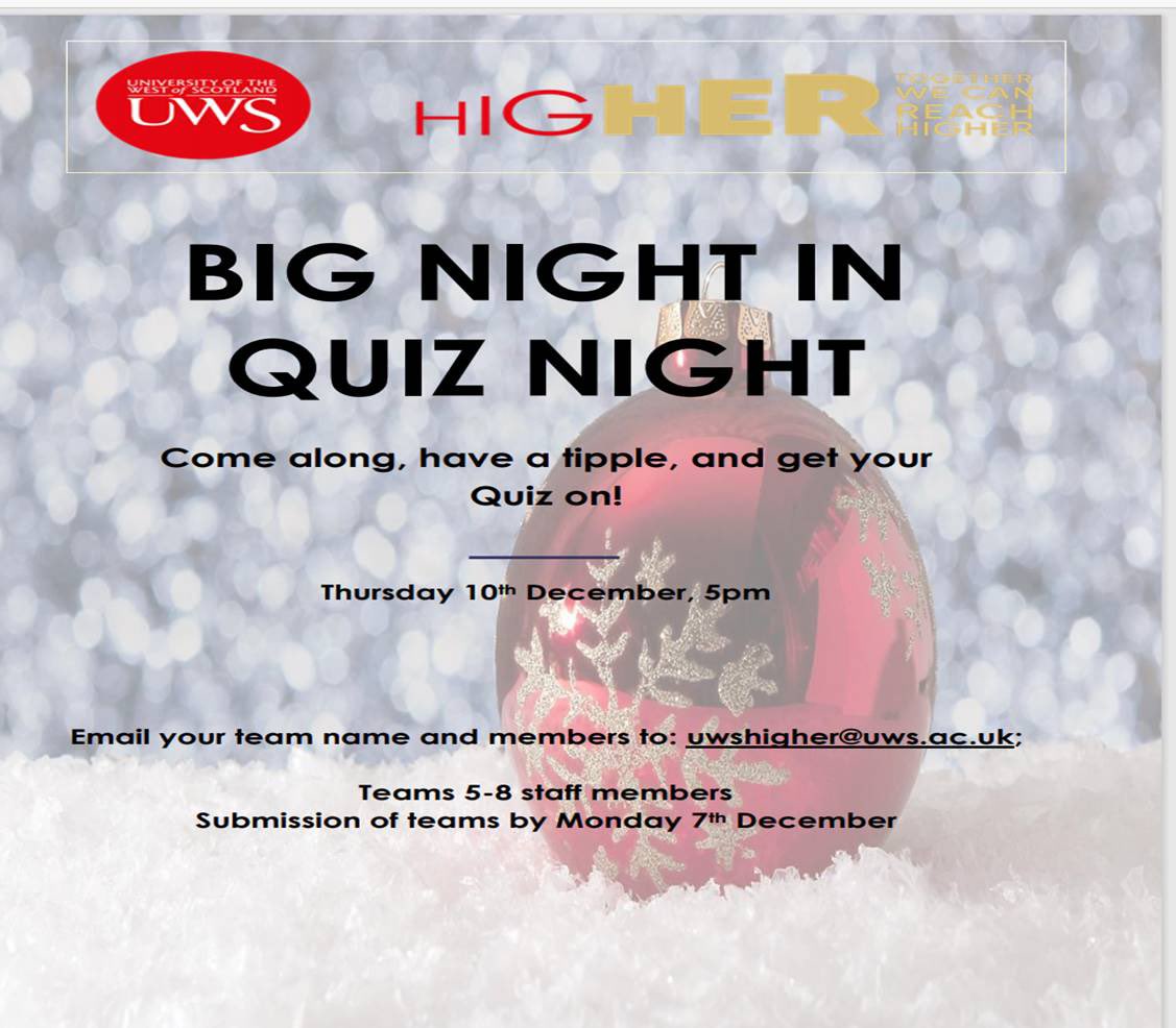 HigherUws's tweet photo. Come and join us in our HigHER quiz night! Open to all UWS staff! 🎄@CarolineHay7 @christine_mur @J3nnyMorton @InductionUWS @Nina99Downs @R_L_Hamilton https://t.co/NRIPwbsb2e