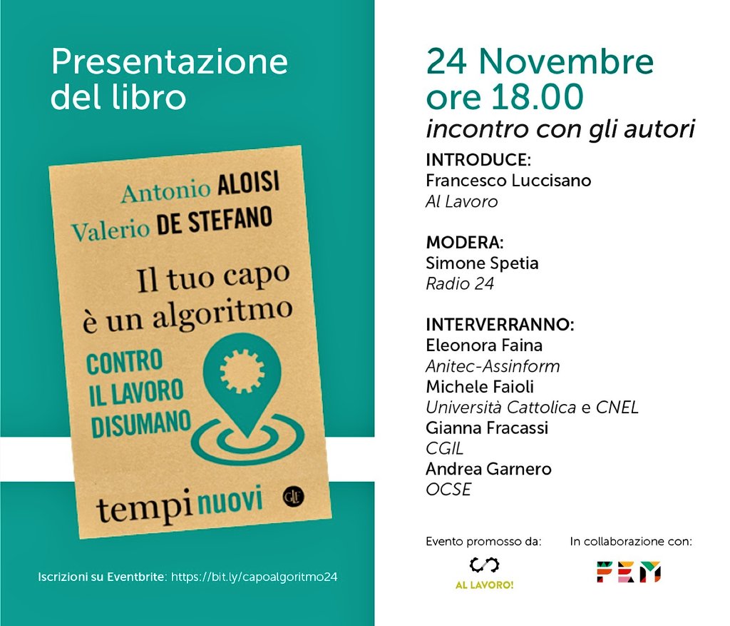Martedì 24 alle 18 discutiamo di algoritmi, piattaforme e futuro del lavoro con gli autori di "il tuo capo è un algoritmo".
Registratevi per partecipare!  bit.ly/capoalgoritmo24