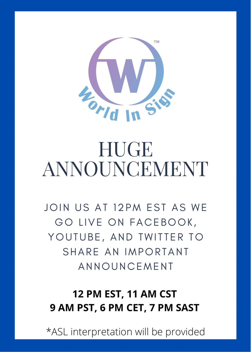 WorldInSign1's tweet photo. In just a few short hours, we will be going live! Be sure to tune in for a special announcement!
#deaf #deafcommunity #worldinsign #WISign https://t.co/24iYeAFC9u