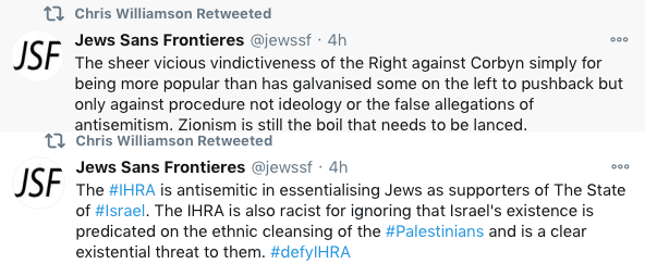 THREAD 1/3 Chris Williamson has been retweeting Mark Elf ( @jewssf), a virulently antisemitic, anti-Jewish extremist who also happens to be a Corbynite ex-Labour member. So let's take a closer look at Elf and his poisonous racism…
