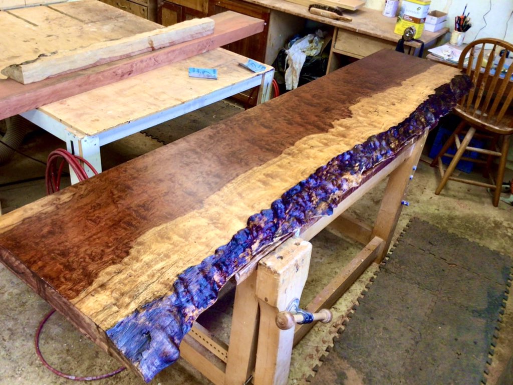 This Babinga counter top is still in my shop just waiting for the client to pick it up I keep looking at it and thinking how beautiful this piece of wood is.  #livedgewood #luxury #luxurylifestyle #fine #finewoodworking #andersonwoodworksllc