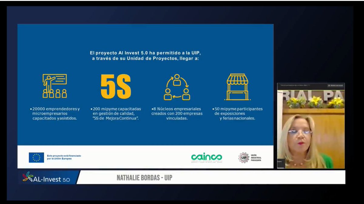 Nathalie Bordas de la Unión Industrial Paraguaya, quien nos compartió su testimonio exitoso de fortalecimiento empresarial de la “unidad de proyectos” de su institución. 
<a href="/AL_invest5/">AL-Invest 5.0</a>