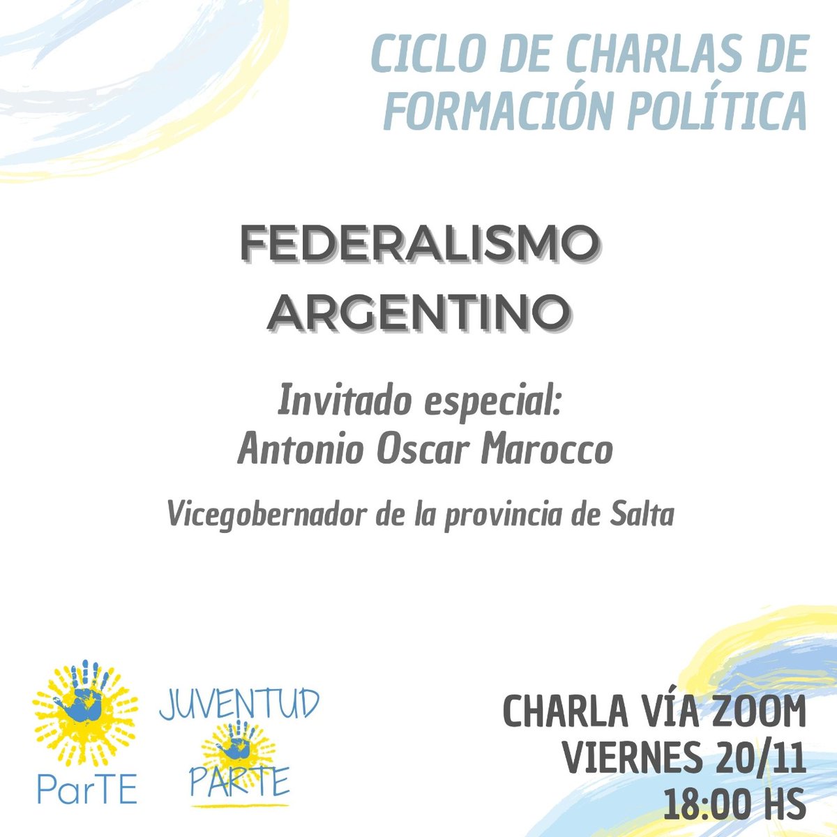 juventud_parte's tweet photo. 🔺CICLO DE CHARLAS DE FORMACION POLITICA

🗣️🇦🇷FEDERALISMO ARGENTINO🇦🇷👥

🗓Viernes 27 de noviembre.
🕕18:00 hs.

📝✍🏼Inscribite para recibir el link de la reunión 👇
 https://t.co/CBYtgrPxhj

CON LA INSCRIPCIÓN Y LA ASISTENCIA RECIBIRAS CERTIFICADO.
#SomosParte 
@ParteOK https://t.co/Kq5FH30Vwj