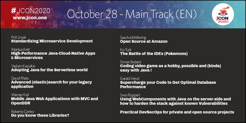 jcon_conference's tweet photo. Relive the #JCON2020 again! Oct. 28 - Main Track videos are online! 
@wernerkeil @dadoonet @VKazulkin @radcortez @GeraldVenzl @SvenRuppert @sascha242 @KoTurk77  @priitliivak @MarkusKett #Microserivces #Serverless #Performance #IDE #DevOps #WebComponents

https://t.co/e7J5hJumlE https://t.co/XeokQJJotr