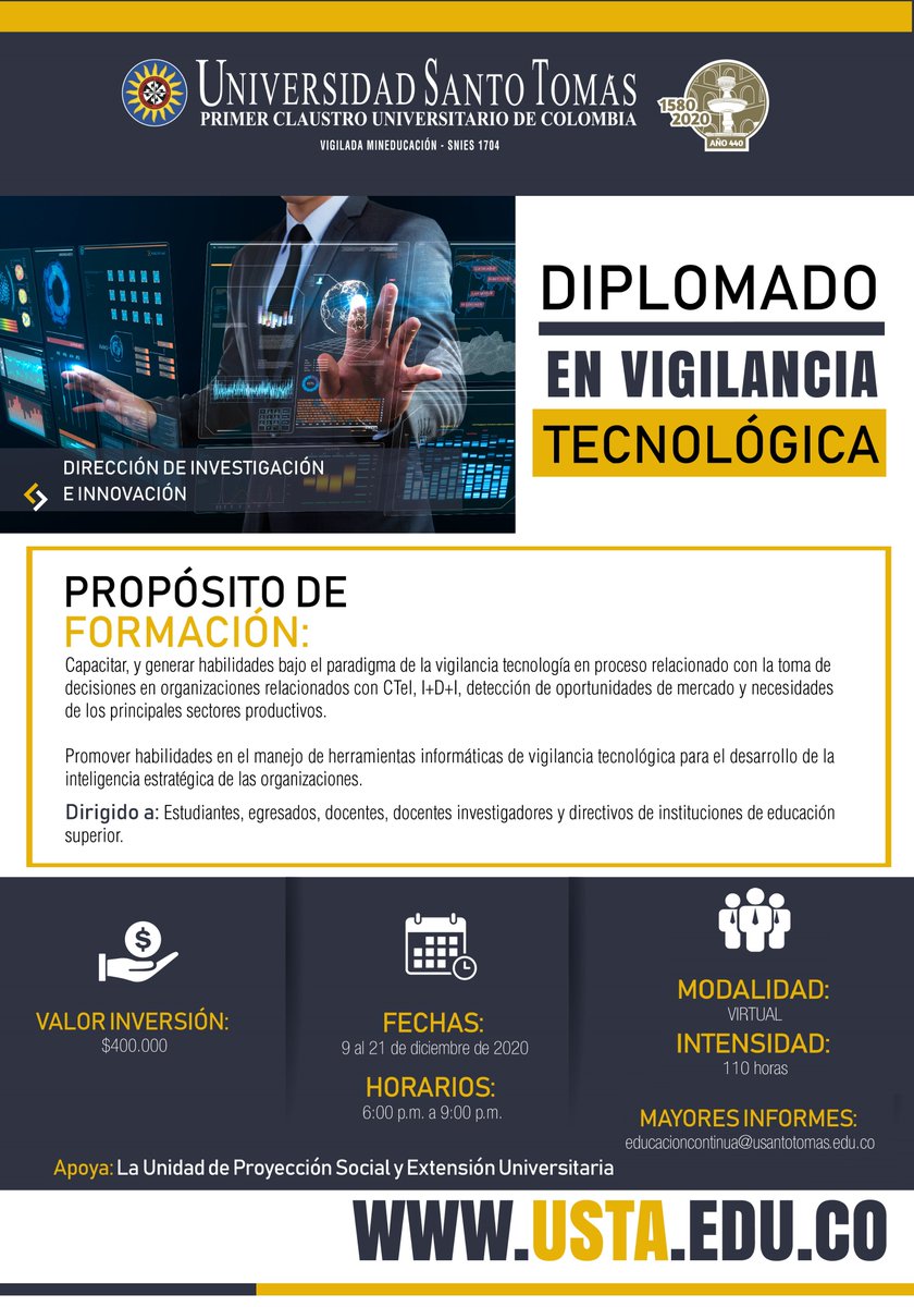 usta_rsu's tweet photo. 🌎Capacítate, y genera habilidades bajo el paradigma de la
🎥vigilancia tecnología.

¿Cuándo inicia este curso?

⏰9 de diciembre del 2020
🖊Inscríbete aquí: https://t.co/GfiFD56dRD

#ProyeccionSocial #Educacion #universidades #ViveSantoto440 #vivesantotoencasa #educacioncontinua https://t.co/MQhTtHqisi