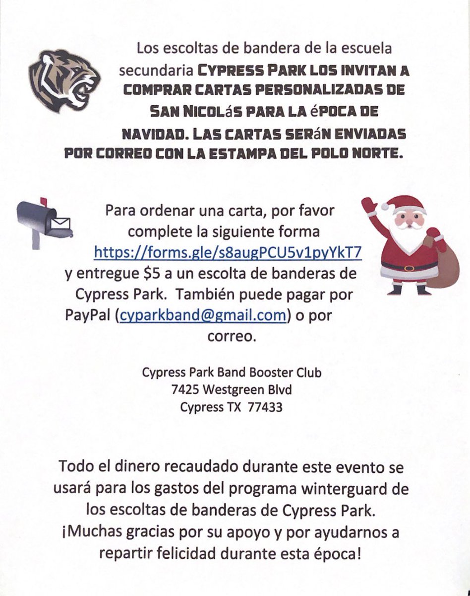 Want a personalized letter from Santa Claus?? The Cypress Park Color Guard is selling them! For 5 dollars, you can get a personalized and addressed letter from Santa Claus. All funds will go to support the guards winter season!! 🌲🎅🏻