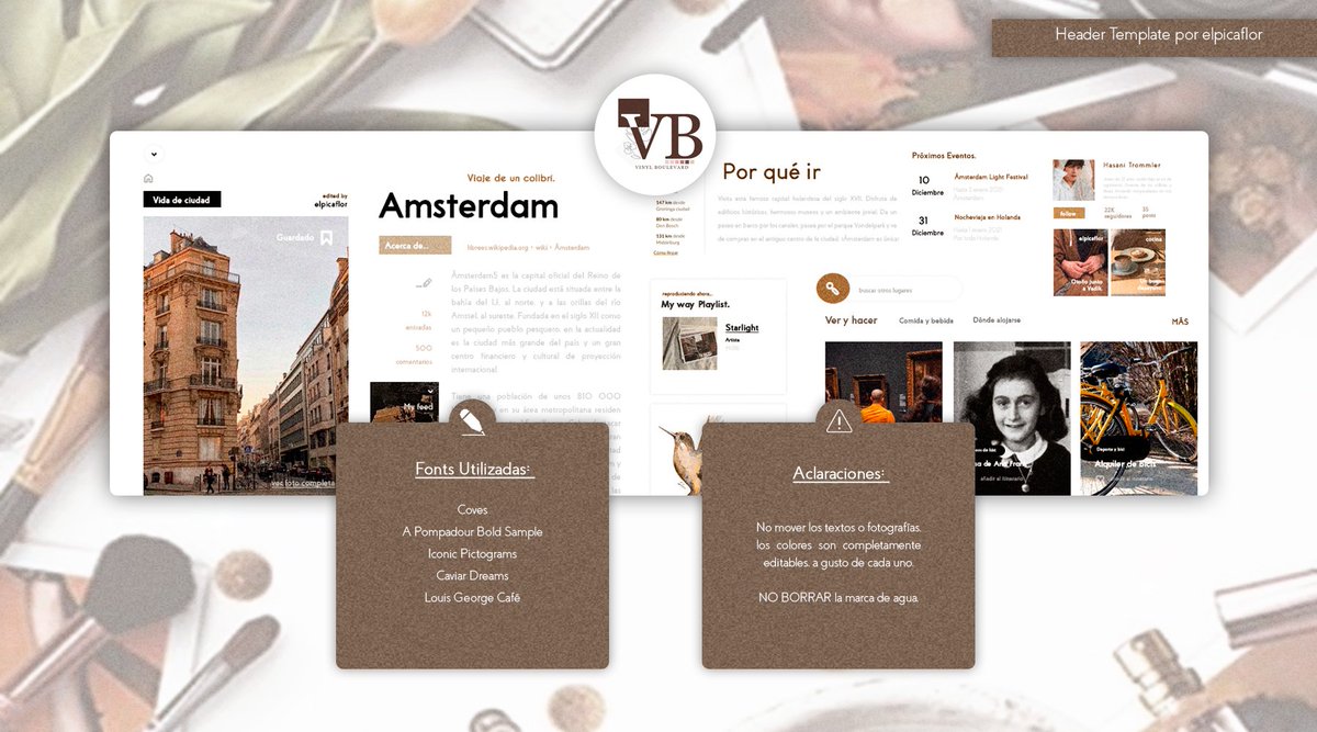 VinylBoulevard's tweet photo. .  .  . ( ❀ ) 𝗥𝗲𝘀𝗼𝘂𝗿𝗰𝗲𝘀 » Template de Header

Buenos días, me paso por aquí a dejarles un nuevo header estilo web. Los colores son editables, al igual que las fotos y el texto. Espero que sea de su agrado y si lo usan, por favor, no borren los créditos. https://t.co/Cy5crwzC8w
