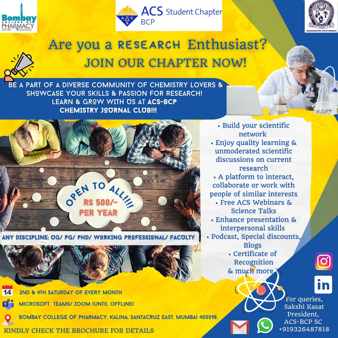 BCP_Autonomous's tweet photo. Any student (UG/ PG/ PhD), Working professional or Faculty member from any discipline can be a Chapter Member
For Registration kindly visit American Chemical Society - BCP Student Chapter &amp; in case of any queries or concerns please contact- 
sakshi.kasat001@gmail.com
ACS-BCP SC https://t.co/FW9hv3H6KR