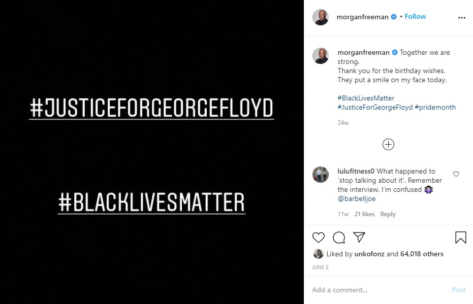 AyresFarage's tweet photo. Já que vão postar o vídeo do Morgan Freeman amanhã, podiam postar também as seguintes postagens:
- Defendendo o Black Lives Matter
- Comemorando a retirada do símbolo dos confederados da bandeira do Mississipi
- Homenagem a Mandela

Mas nenhum desses agrega a narrativa né.. https://t.co/NVp2clKvwa