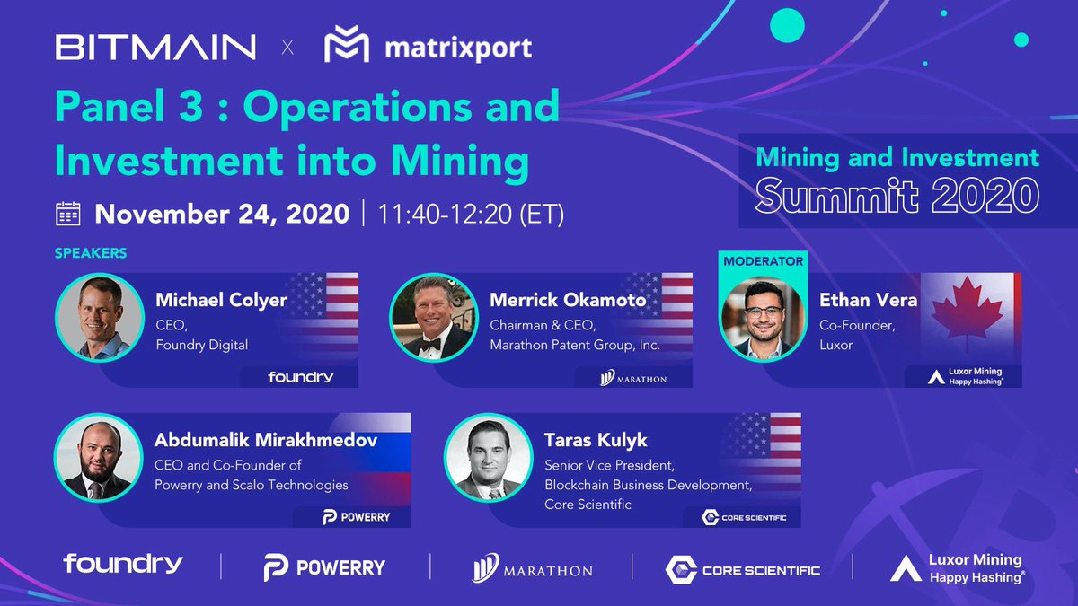 BITofficial_EN's tweet photo. Mining and Investment Summit 2020 #MIS2020 by @BITMAINtech & Matrixport The third panel will be discussing Operations and Investment into Mining. Learn how the top leaders in mining operate!
Register for FREE!
https://t.co/vFDLLN8JoU https://t.co/9v3GIksLVY