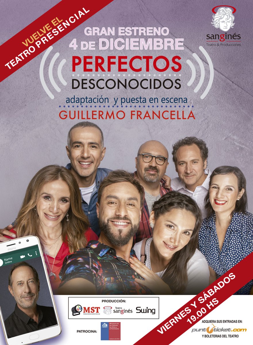 VUELVE EL TEATRO PRESENCIAL 
Este 4 de diciembre se estrena #PerfectosDesconocidos, con la actuación de @loretoaravena @cesarcaillet @alvarogomezactor @afosalba <a href="/blancalewin/">Blanca Lewin</a> @juanpablosaezr y Christian Zúñiga. 
Adaptación y puesta en escena @guillermofrancella1 .  🎟 <a href="/puntoticket/">Punto Ticket</a>