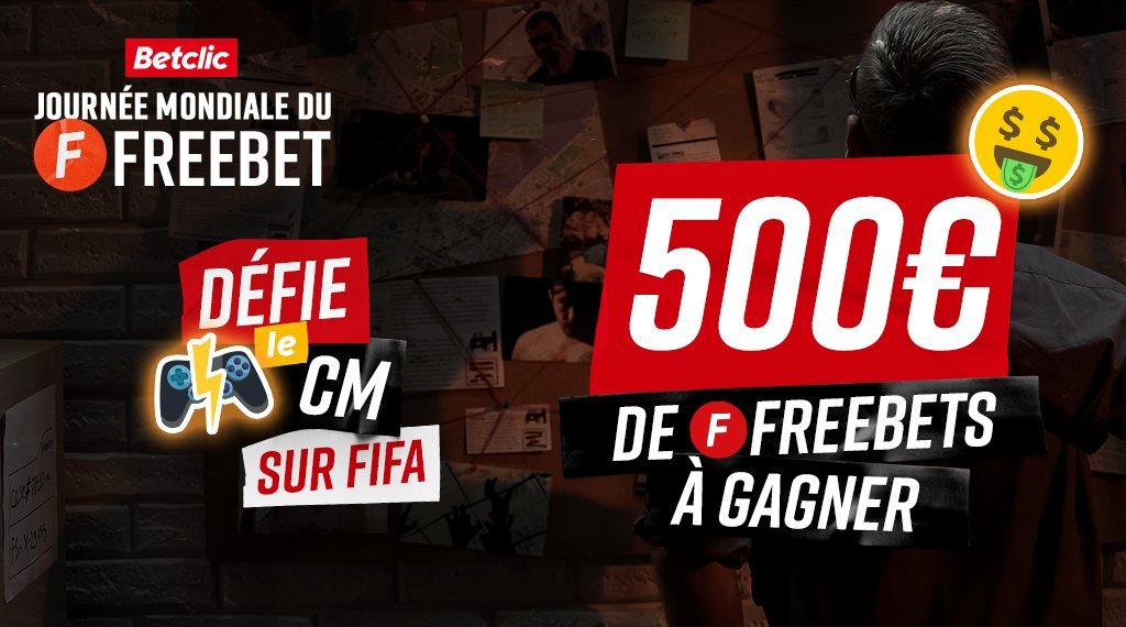 Betclic's tweet photo. 😎 Et si on se faisait un petit #DéfieLeCM pour la #JournéeMondialeDuFreebet ! On affronte l'un d'entre vous dans 15mn sur FIFA 21 (PS4) 🎮

🤑 200€ de Freebets si tu gagnes le CM (300€ à gagner pendant le live) !

➡ RT pour participer au tirage au sort pour jouer contre le CM https://t.co/IXcO0TAVop