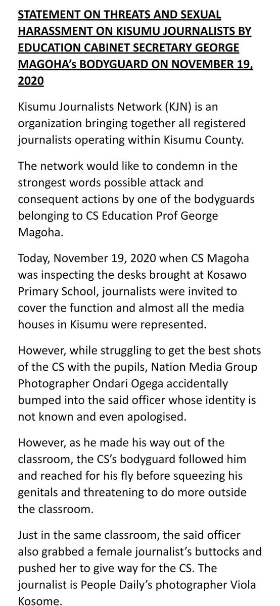 IsaacWaihenya's tweet photo. Kisumu Journalists Network (KJN) condemns attacks and harassment by CS Education Prof George Magoha bodyguards.
#MediaInKE https://t.co/T43EZ04NCY