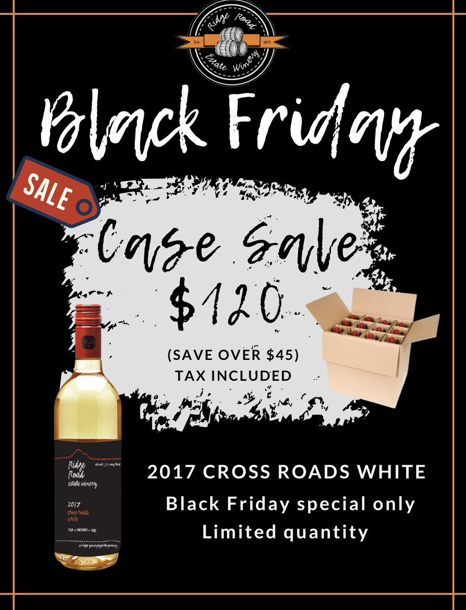 Ridge Road Winery (@ridgeroadwinery) on Twitter photo 🚨 Black Friday Sale Limited quantities
$120 for a case of 12 bottles of Cross Roads White (tax included)
*Please email wine@ridgeroadwinery.ca to reserve your case. 📦 🍷
#blackfriday #supportlocal #ridgeroadwinery #VQA #winecountryon #ontariocraftwinery <a href="/HamOntMarket/">Hamilton Farmers’ Market</a> 🚨 Black Friday Sale Limited quantities
$120 for a case of 12 bottles of Cross Roads White (tax included)
*Please email wine@ridgeroadwinery.ca to reserve your case. 📦 🍷
#blackfriday #supportlocal #ridgeroadwinery #VQA #winecountryon #ontariocraftwinery <a href="/HamOntMarket/">Hamilton Farmers’ Market</a>