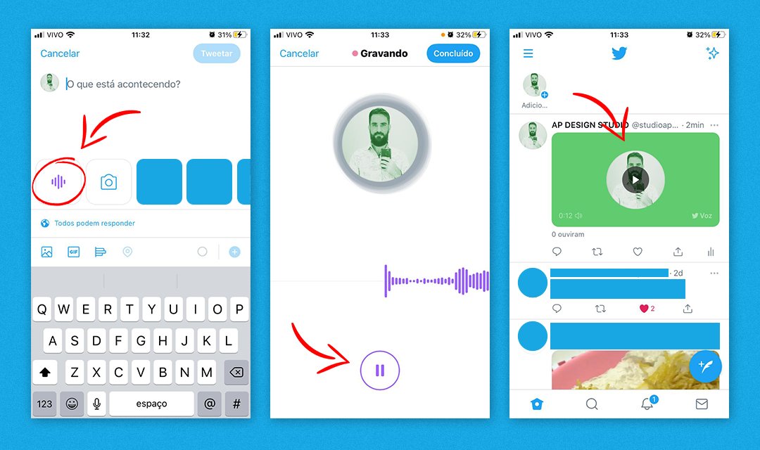 studioapdesign's tweet photo. Lembrando que já temos os tweets de voz (junho/20), que permite gravar áudios e publicá-los diretamente na timeline.
Se você ainda não experimentou, veja na imagem abaixo como é bem fácil.
#twitter #tweetdevoz https://t.co/JR5jYfx2y6