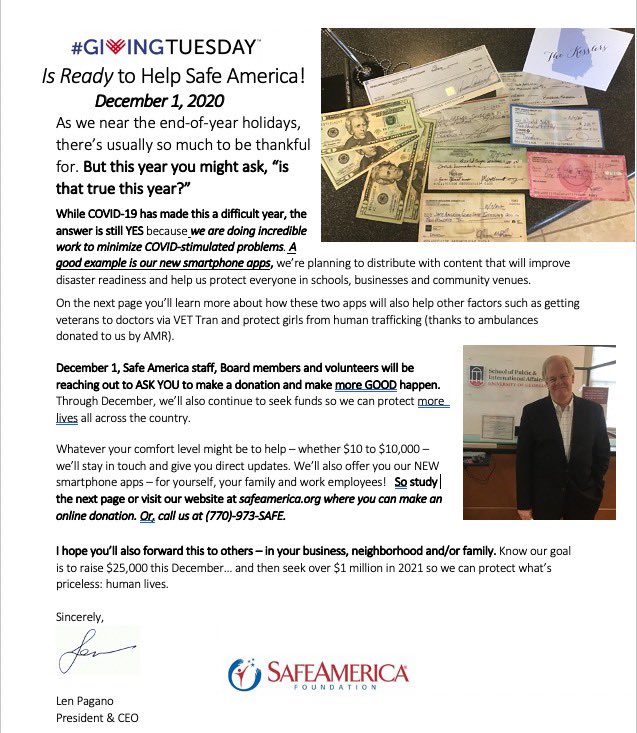 SafeAmerica's tweet photo. On Tuesday, December 1st, we at the Safe America Foundation are having our “Giving Tuesday” fundraiser! If you have the means, please consider donating to a good cause! https://t.co/xAxcXnrMfu