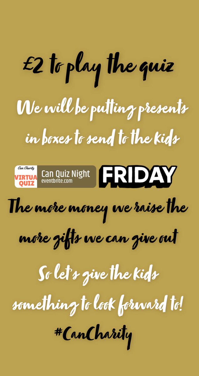 CANCharity1's tweet photo. Hey All! 

We are having our first quiz night to raise money to send our kids Christmas presents.

Only £2 to play🎲

Prizes to be won! 🎁🥇🥈🥉

https://t.co/7r3WZjQ4rz https://t.co/fgDsthPh5i