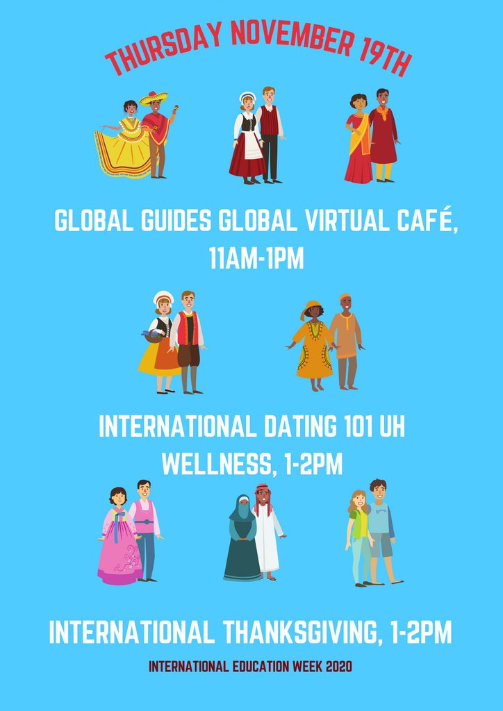 GOOD NEWS!⁠
We’re only one week away from Thanksgiving! 🥘😋🍁⁠
⁠
More good news: today's events!

! International Thanksgiving🦃⁠
! International dating 😍
! Global guides global virtual cafe☕

⁠#IEW2020⁠ #gocoogs
⁠
<a href="/UH_OISSS/">UH_ISSS</a>  <a href="/GlobalGuides_UH/">UH Global Guides</a>  <a href="/UHouston/">University of Houston</a> ⁠⁠