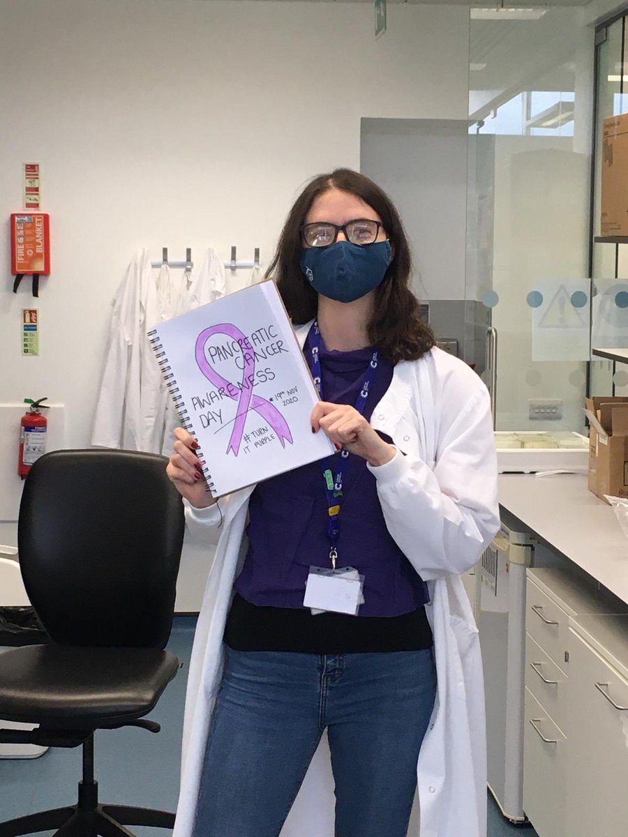 hollyleslie_'s tweet photo. Might not have managed to run a half marathon this year, but will always make time to do a little lab photo shoot for #WorldPancreaticCancerDay 💜 Thanks to our PhD student, Assya, for being photographer! #TurnItPurple #womeninSTEM #cancerawareness #edinburghmarathon2019 #EMF2019 https://t.co/Bdn9It43rl