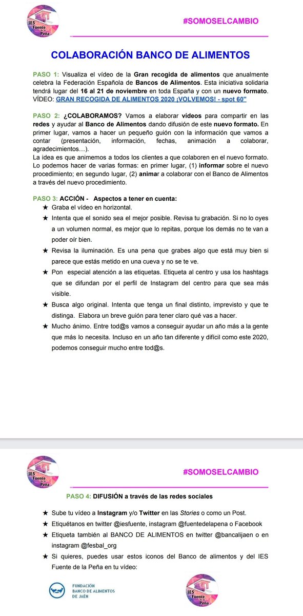 Nuestro instituto está haciendo una recogida de alimentos diferente este año junto a <a href="/bancalijaen/">Bancalijaén</a>
Consiste en crear un video y, ¡puedes participar siguiendo los pasos que hay a continuación!
¡Os dejamos el link del vídeo!
youtu.be/j_prjJLDtww
¿A qué esperas para hacer el tuyo?