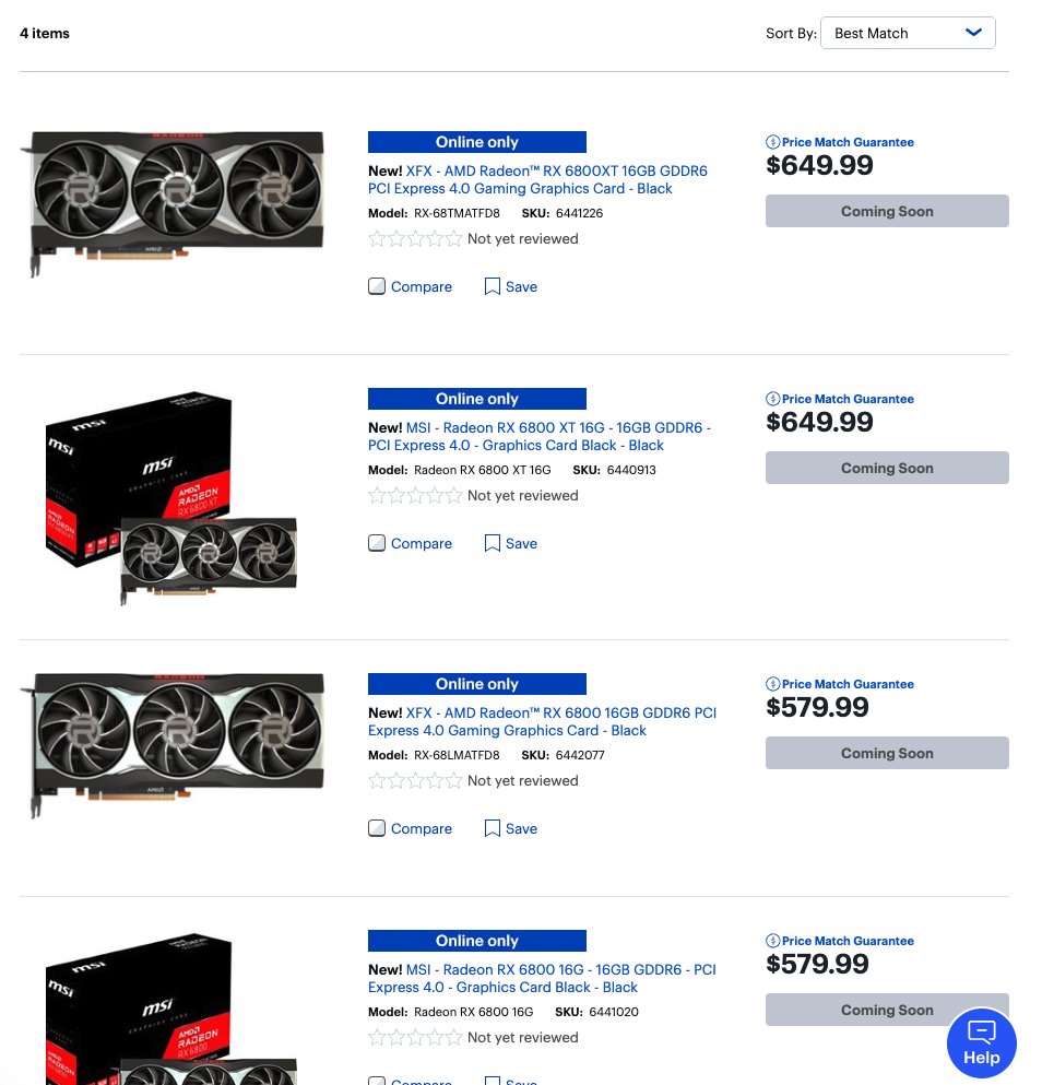 AndrewBreault1's tweet photo. When will the new @AMD cards be available? Launch day was yesterday and everyone is still seeing "Coming Soon". @BestBuy #rx6800 #radeon6800  #Radeon6800XT https://t.co/JgN2qqZOtn