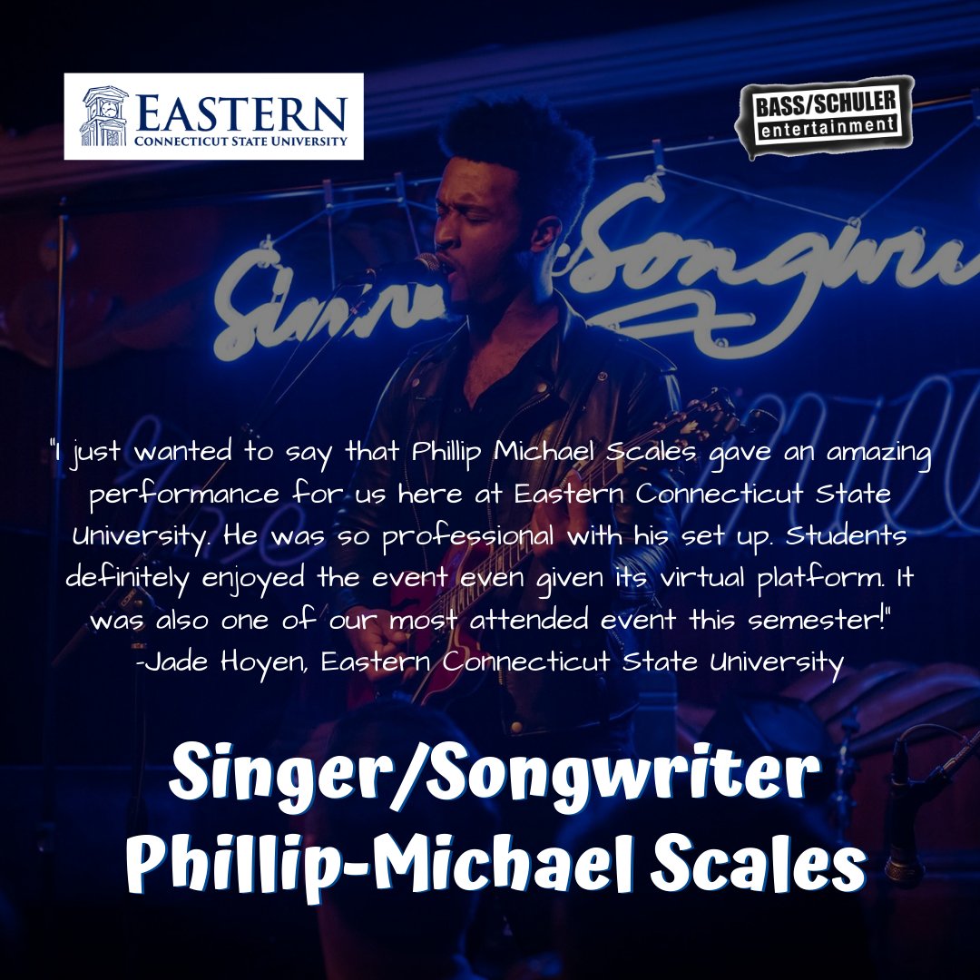 BassSchuler's tweet photo. Thanks so much to @EasternCTStateU for hosting @PhillipMScales! #BassSchulerEntertainment #BSEAgency #PhillipMichaelScales #Singer #Songwriter #ArtistReviews https://t.co/eZOt7L38Zd