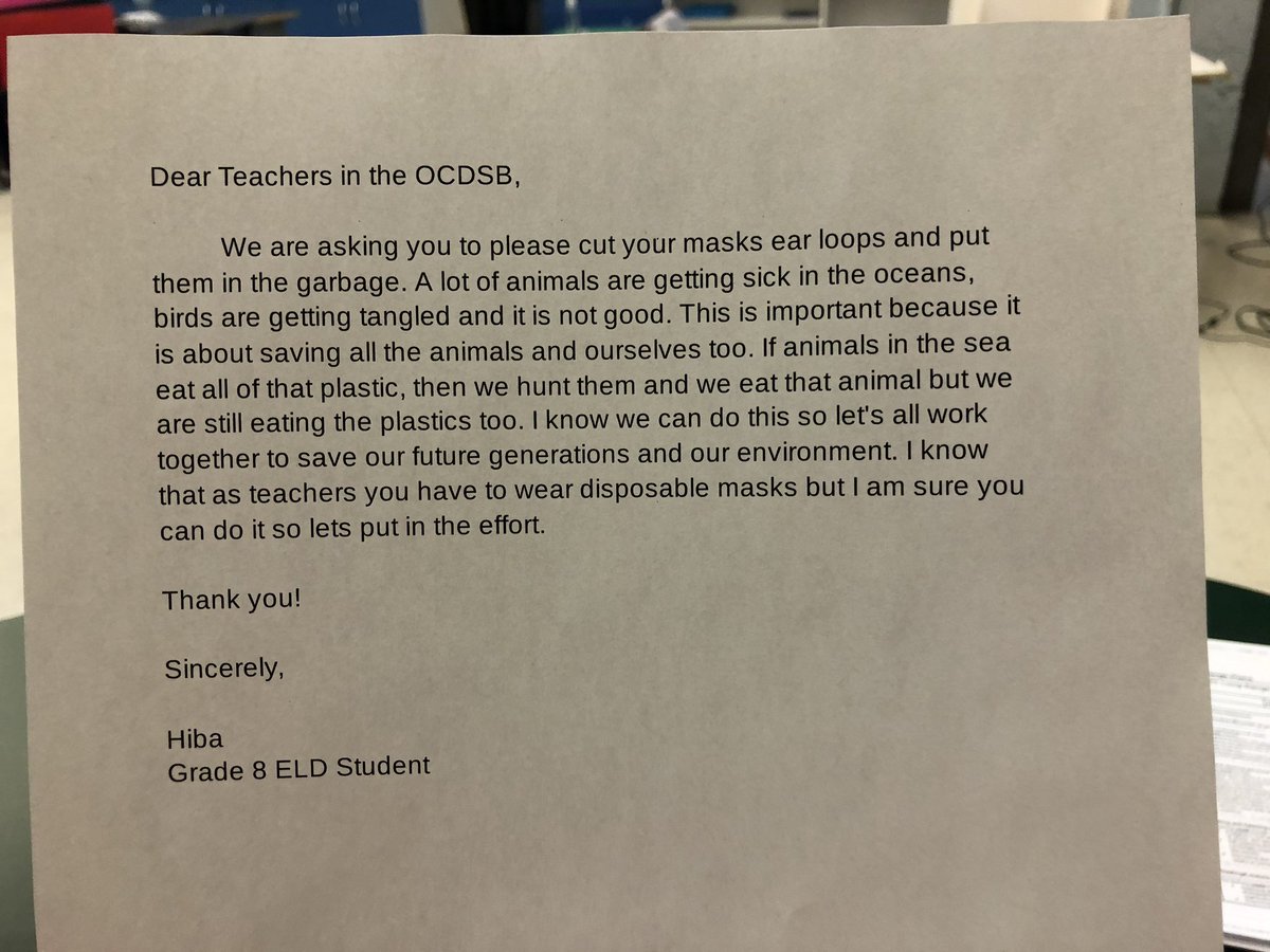KourtneyDerouin's tweet photo. Authentic tasks are the best tasks! The ELD students in my class decided to put their letter writing skills to good use after reading an article during shared reading about the environmental impact of single-use masks. So proud of these activists! @OCDSB #ocdsb #authentictasks https://t.co/Y6aIE2t1al