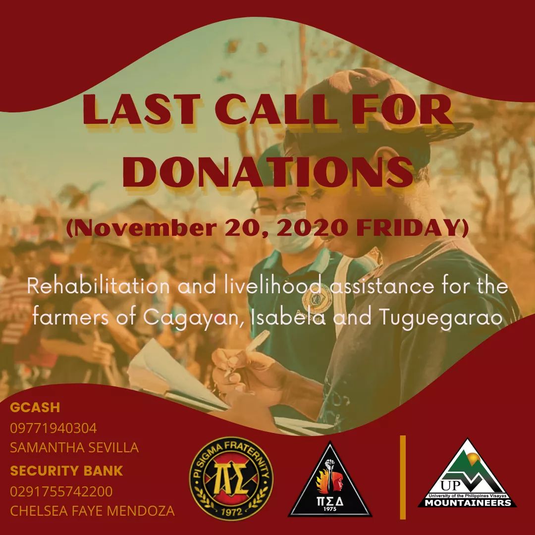psdbaguio's tweet photo. [LAST DAY OF DONATION DRIVE]

Ang kapatirang Pi Sigma at Pi Sigma Delta, kaisa ang @upv_mntnrs, ay muling kumakatok sainyo para sa ating mga kababayang nasalanta ng bagyo. Ang huling benepisyaryo ng mga malilikom na pera ay mapupunta sa mga magsasaka ng Cagayan Valley. https://t.co/e7gdI0GblH