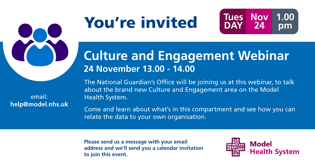 ModelNHS's tweet photo. Join us for a webinar on 24 November - we’ll be joined by 
@NatGuardianFTSU
 to walk through our new Culture and Engagement area of the #ModelHospital.

What’s in there for you, and how can you use this data to #ImproveWithPatients

Secure your place here:
📩 help@model.nhs.uk https://t.co/6JkciKsg80