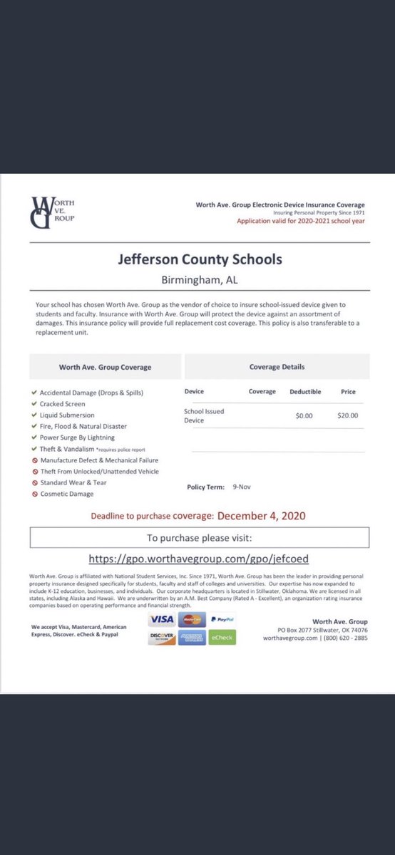 GESRockets's tweet photo. Jefferson County has partnered with a company that will provide insurance coverage for the ChromeBook for $20.This insurance is not required, but it is very helpful if the Chromebook is broken. Deadline is fast approaching. https://t.co/rl58z5tzi6