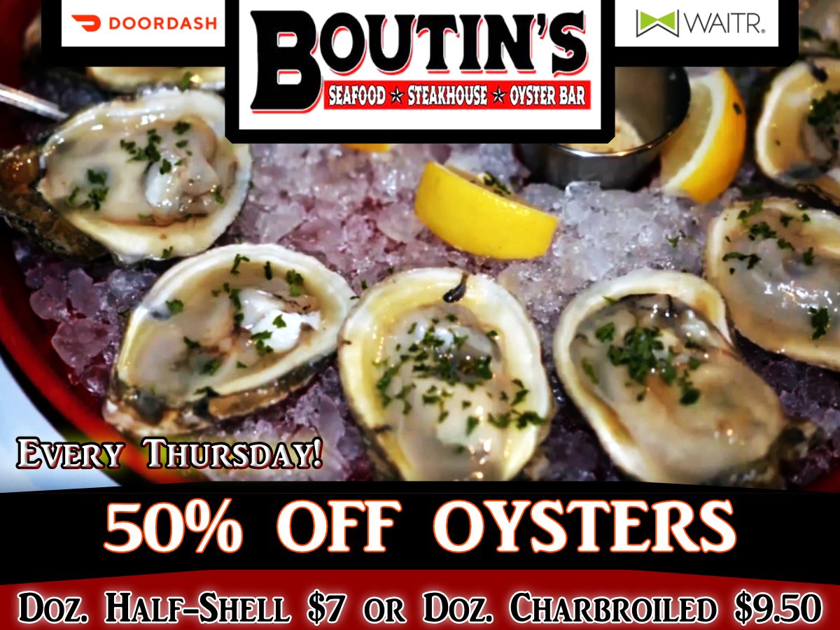 Come visit Boutin's Seafood Steakhouse Oyster Bar 114 Derek Plaza in Carencro LA for some of the best #Cajun &amp; #Creole food in Acadiana! Thursday Special Half Priced Oysters! Char-broiled or Half Shell. boutinscajun.com  #LouisianaSeafood #Seafood #Oysters #Steakhouse