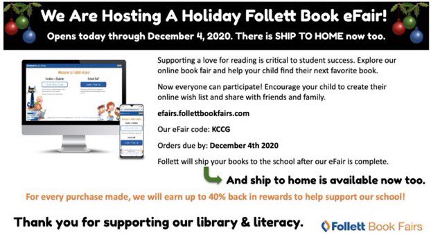 We are excited to share that we are hosting a holiday @FollettLearning Book eFair.  It is open through 12-4.  

Anyone can participate. This is perfect with the holidays coming up. 

There is now a SHIP TO HOME option too. 

Here is the link efairs.follettbookfairs.com/guest/home?cla… 

#vanmeter