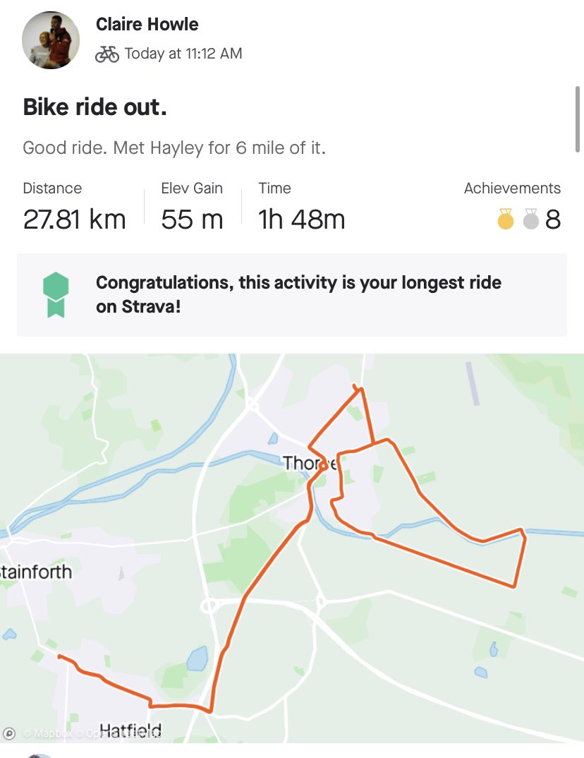 ClaireHowle's tweet photo. Wow what a day. 36.29km (22.54m) longest ride so far. Got to say legs are aching now. #fitrovers #fitroverlution #fitness #lockdowncycle @ClubDFoundation #homegoals #newbike #cycling https://t.co/scbaOsefqb