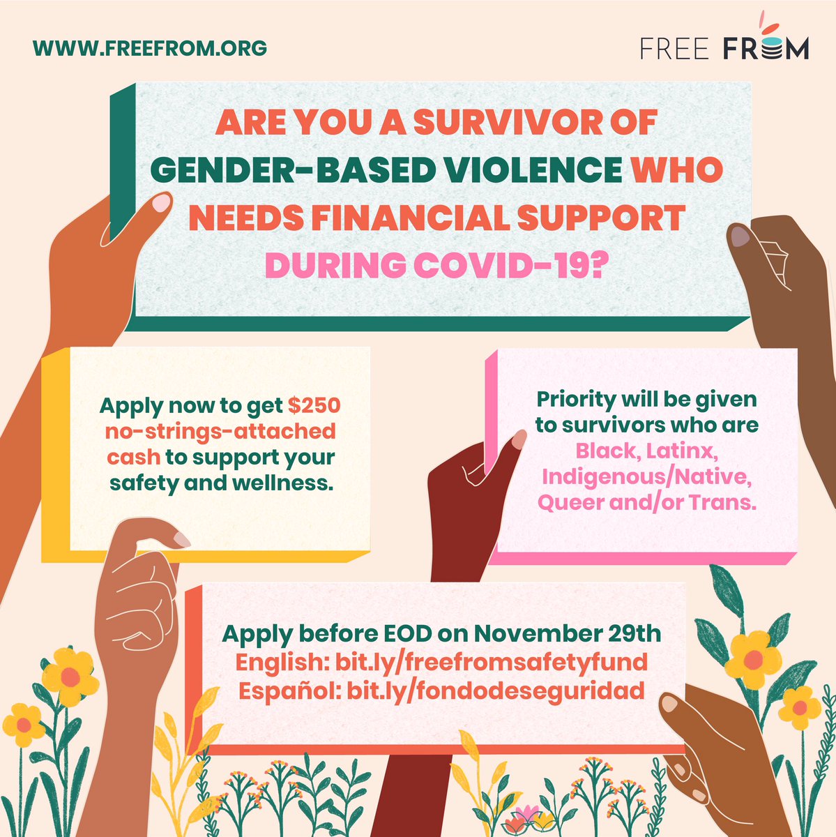 APPLY NOW!! ✨We just opened our second Safety Fund round, to get $250 no-strings-attached cash to survivors of gender-based violence who need financial support during COVID. ✨We are prioritizing grants to survivors who are Black, Latinx, Indigenous/Native, Queer and/or Trans ✨