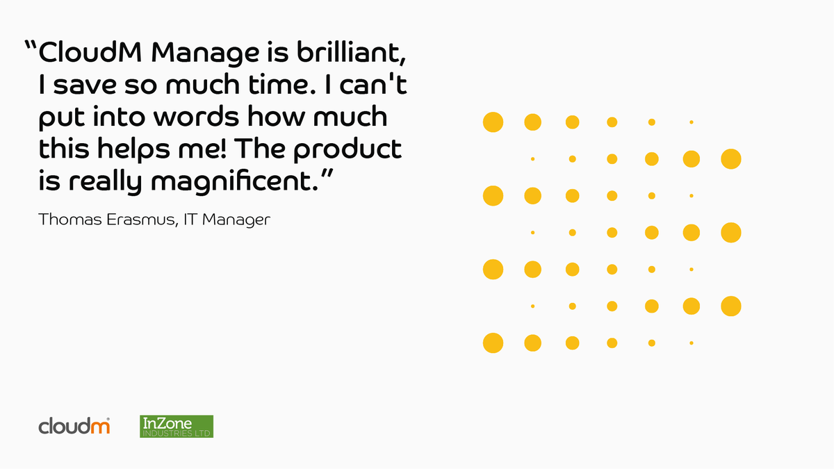 cloudm_co's tweet photo. I think we can call this a 5 star review. ⭐⭐⭐⭐⭐ 

We had a fantastic chat with IT Manager, Thomas Erasmus at In Zone Industries who uses #CloudM Manage every day: https://t.co/pcJSFMbIvJ https://t.co/zAylhNHNsh