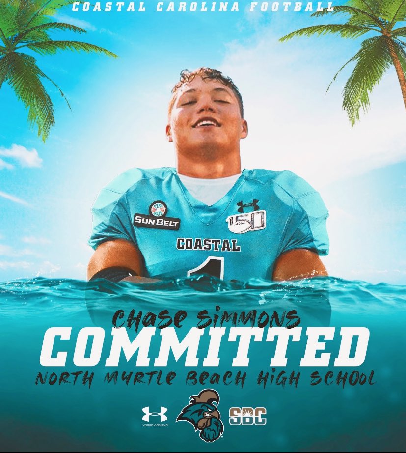 Chase_simmons02's tweet photo. After getting extremely close with this coaching staff, talking to my family, and most importantly asking the Lord to give me direction as I made my decision. I’d like to announce my commitment to @CoastalFootball and ball at the beach! @CoachChadwell BAM🎉🦁 https://t.co/jO90G85OEk
