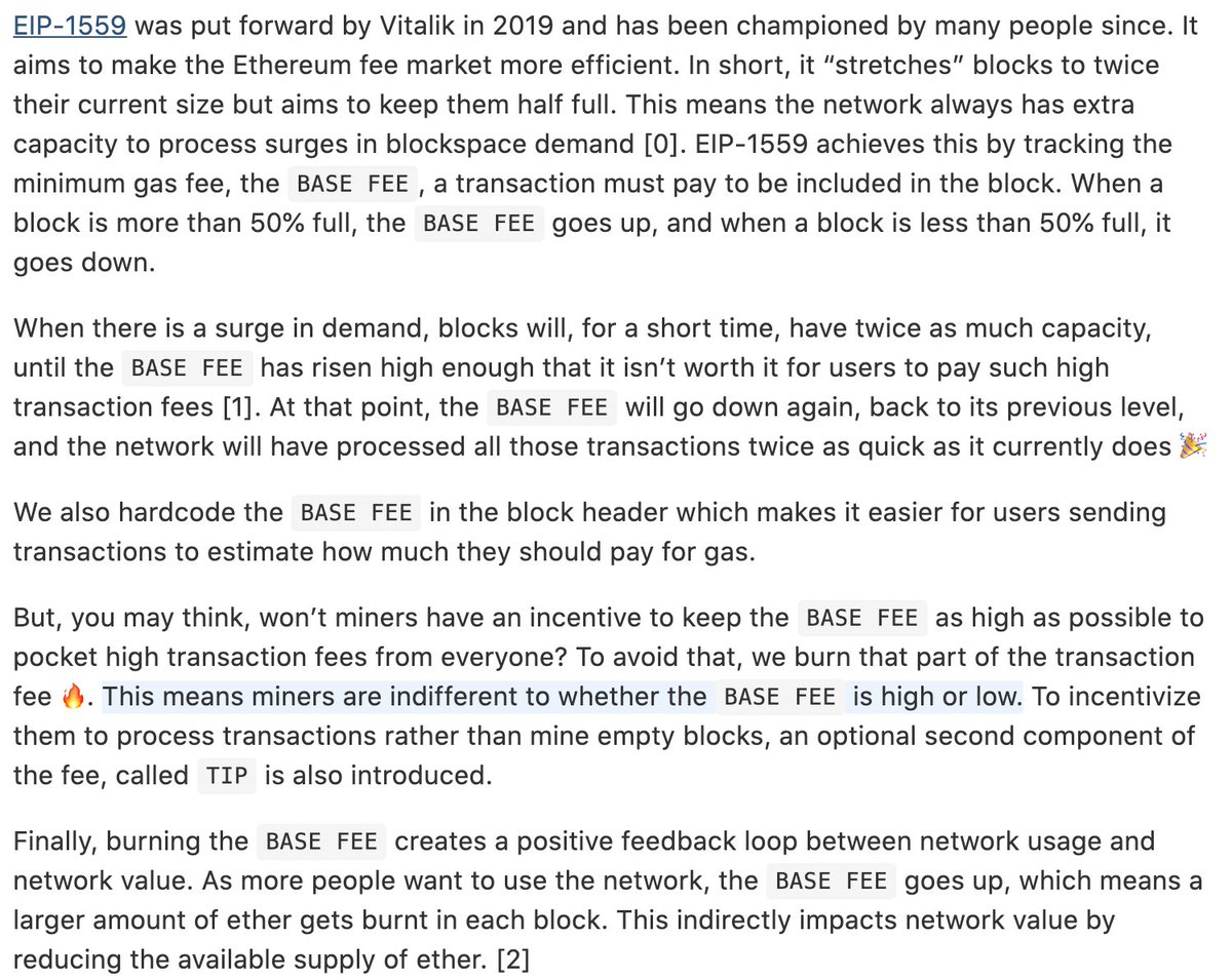 One of the core elements of EIP-1559: the Base Fee, which must be paid to include a transaction in a block. In short: double the size of blocks, when they're more than half full the Base Fee goes up. The Base Fee is burned, not paid to miners (they get a Tip)