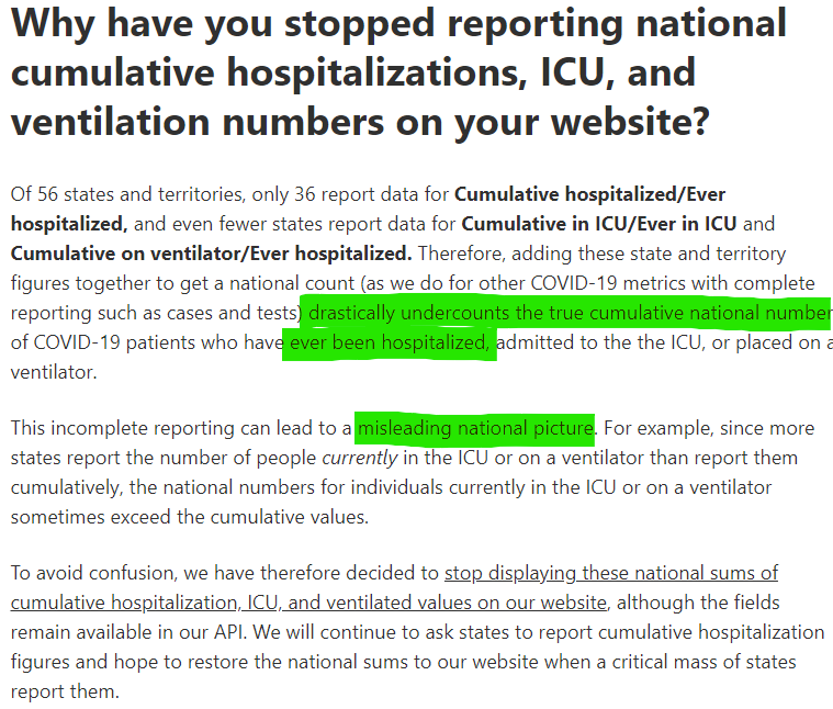 From the horse's mouth. https://covidtracking.com/about-data/faq#why-have-you-stopped-reporting-national-cumulative-hospitalizations-icu-and-ventilation-numbers-on-your-website