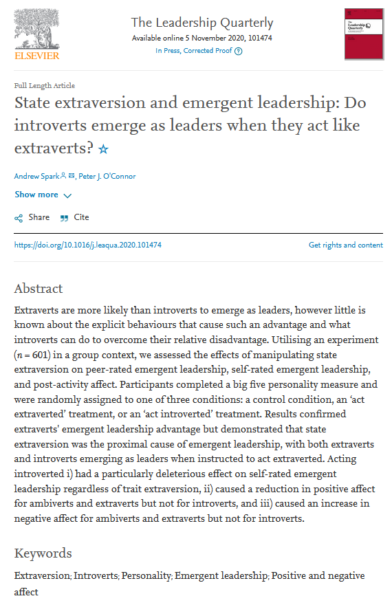 Calling all introverts! 

"State extraversion and emergent leadership: Do introverts emerge as leaders when they act like extraverts?"

doi.org/10.1016/j.leaq…

#TheLeadershipQuarterly