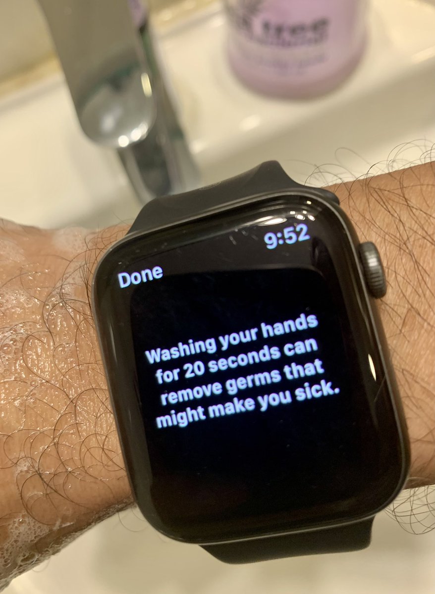 kallolh's tweet photo. The new 20s hand washing alarm feature on #watchOS 7.1 is sensitive to both hands rubbing and sound of soap splashing!! Else it stops and displays a warning #intuitive #AppleWatch #usefulfeature https://t.co/oAHO4kd0rN