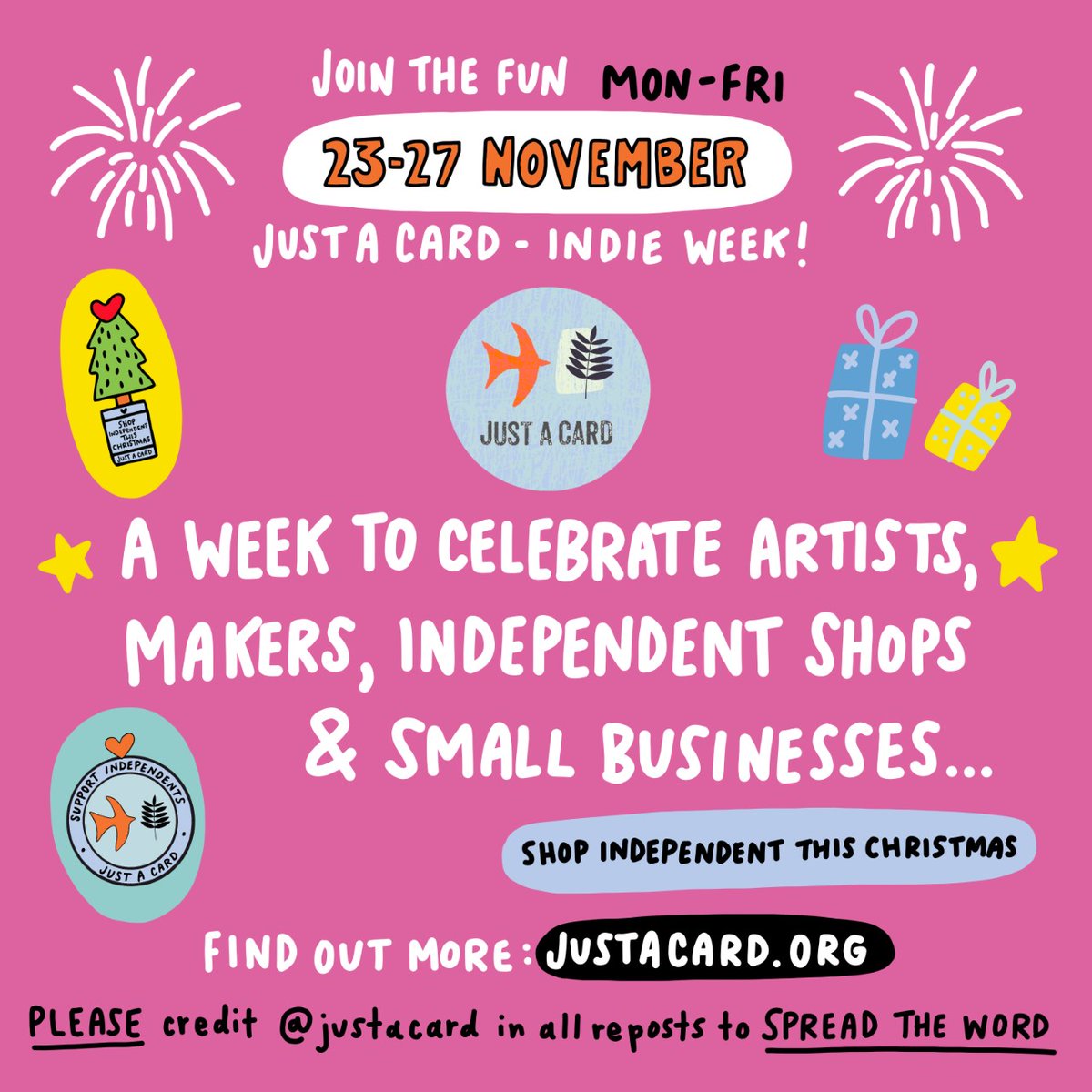 Justacard1's tweet photo. Retweet this if you’d love people to SHOP INDEPENDENT this Christmas. 

JUST A CARD - Indie Week
(23- 29 Nov) 

Join us to shout out for artists, makers, independent shops &amp; small businesses. 

All info at: 

https://t.co/GFDAINCuCX

Please Follow:
https://t.co/eJQsBB5BOq https://t.co/xs4TmhImMf