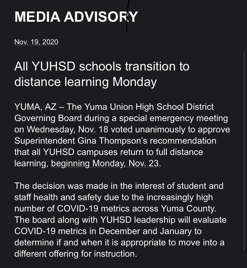 Local leaders in Yuma County, Arizona are stopping in-person learning  @YUHSD to prevent community spread, but these important public health measures should be voiced by  @dougducey, rather than PUNTED to local leaders to appease  @realDonaldTrump. 8/9 h/t: @lilyalta  @Supt_Hoffman
